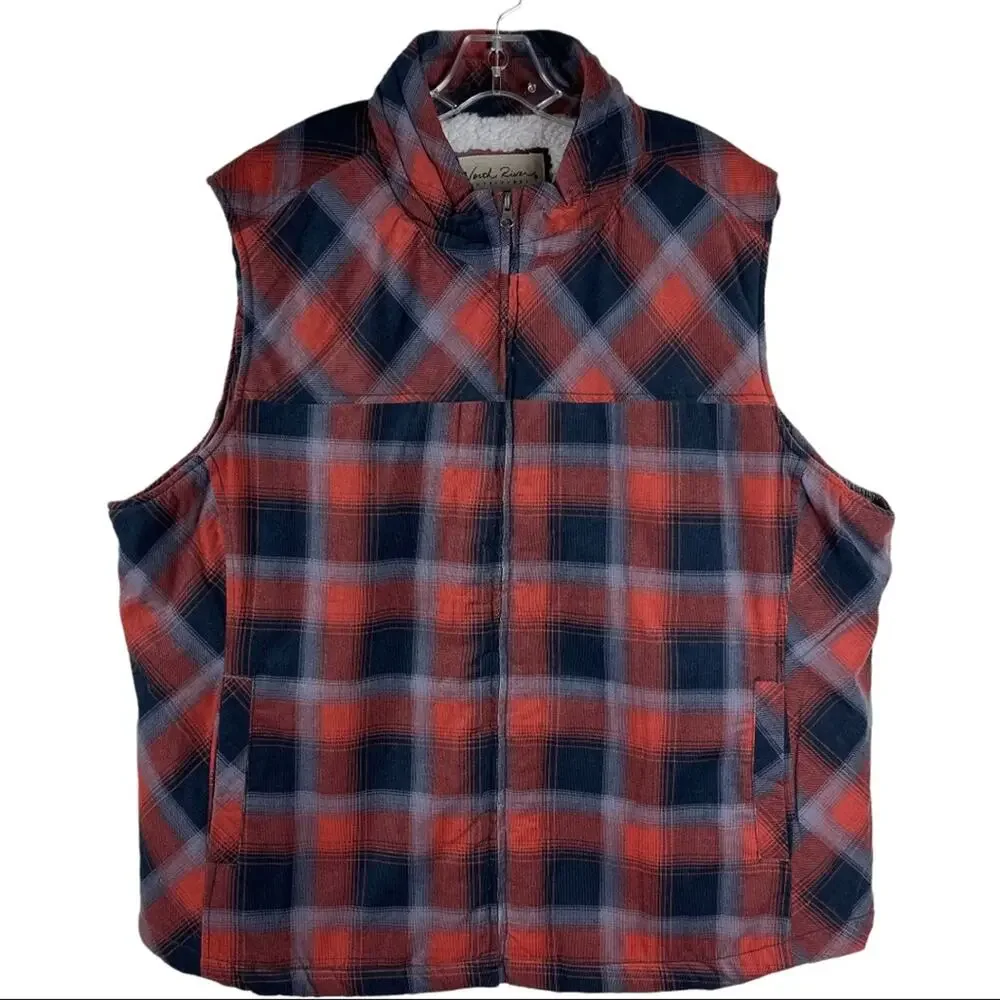 NEW North River orange blue plaid corduroy Sherpa outdoor vest 3X
